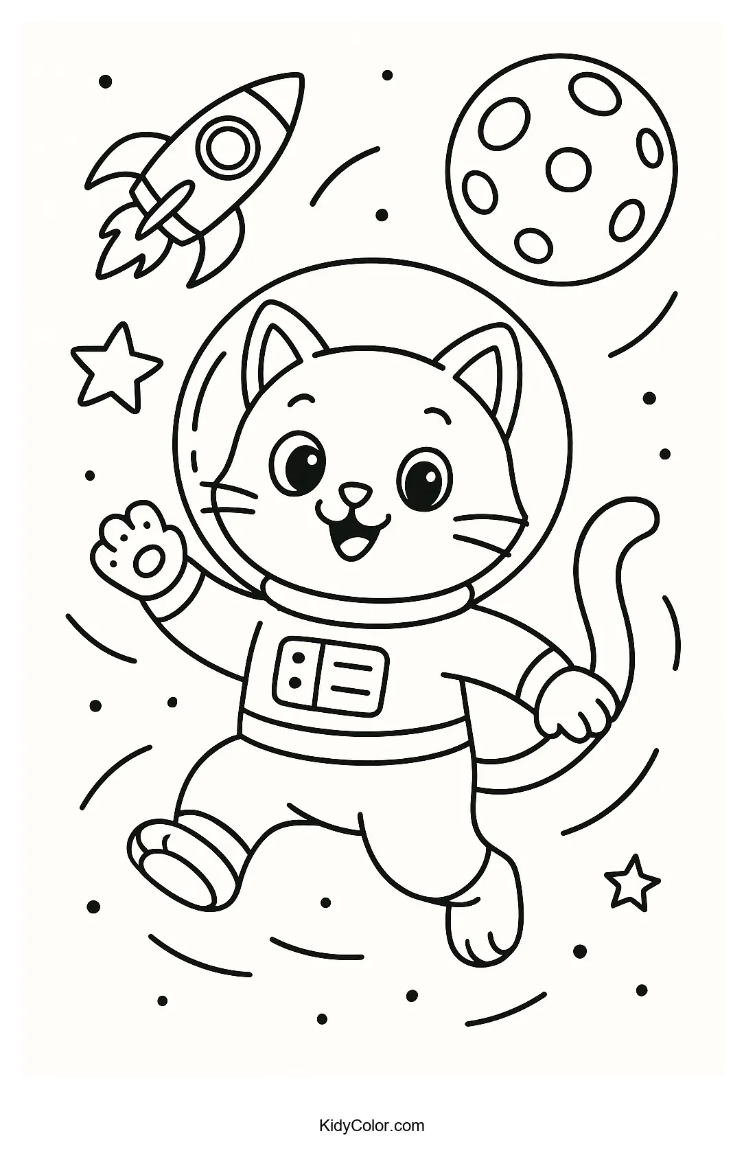 Cat astronaut in outer space coloring page
