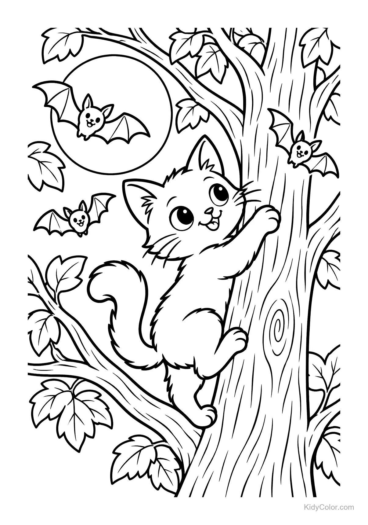 Gato subindo em uma árvore com morcegos voando e lua cheia.