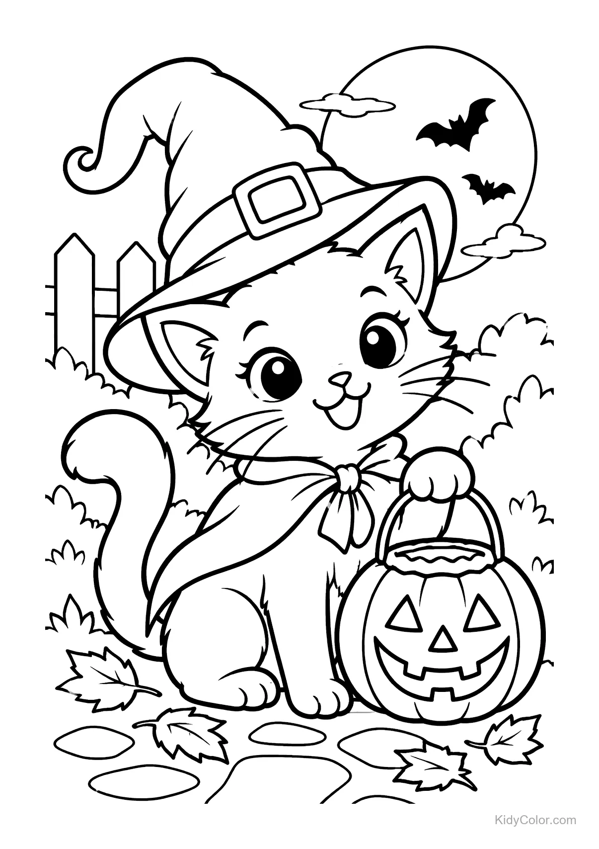 Gato feliz com chapéu de bruxa e abóbora de Halloween.