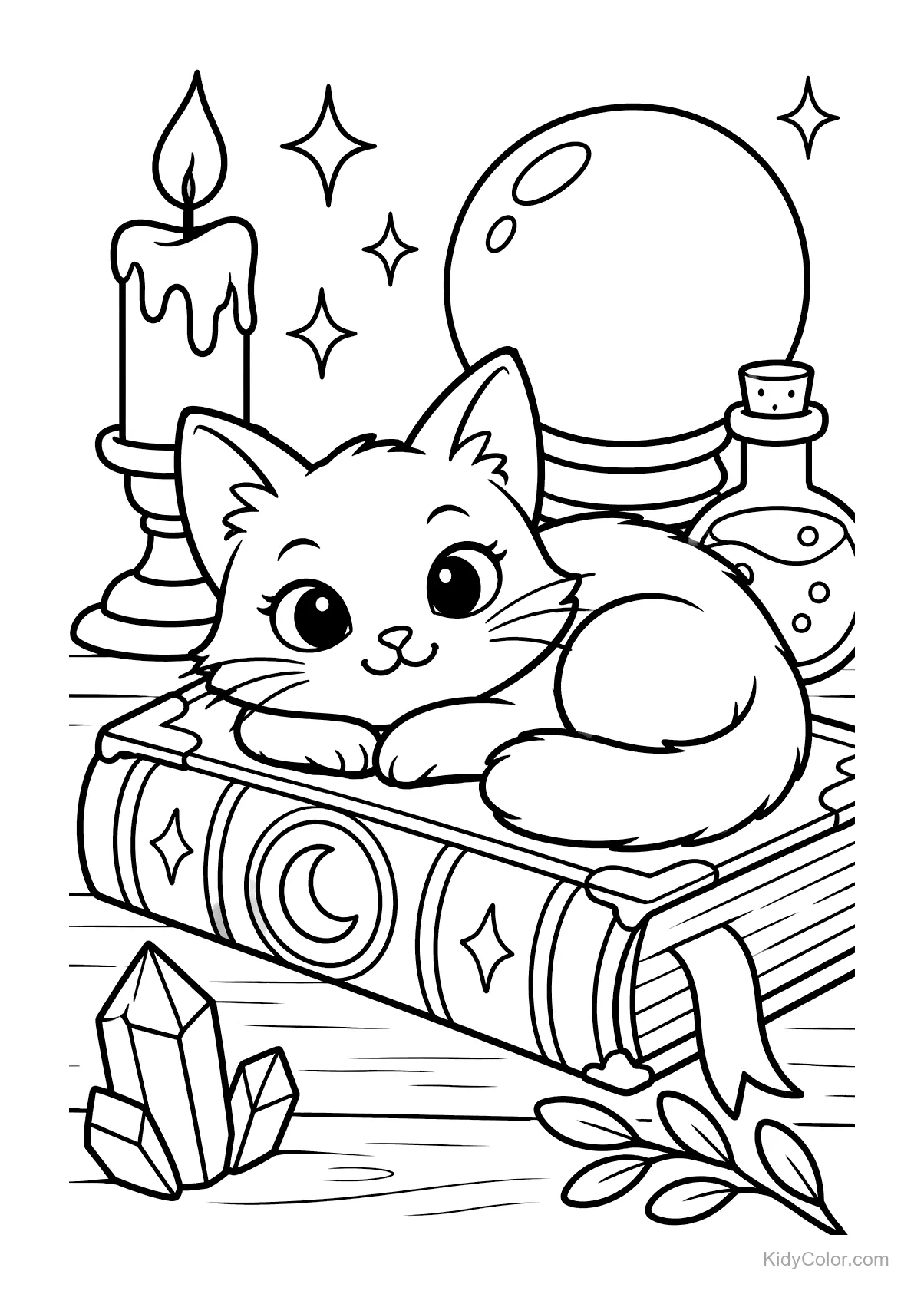 Un gato descansando sobre un libro de hechizos con una vela, cristal y botella de poción.