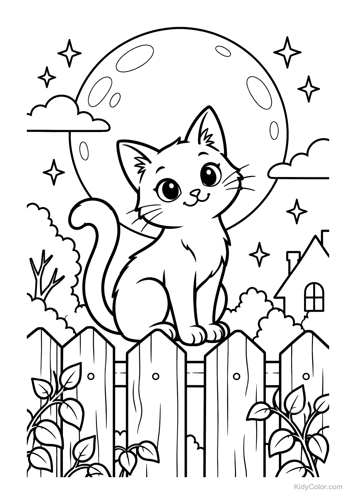 Gato sentado em uma cerca com uma grande lua de Halloween e estrelas.