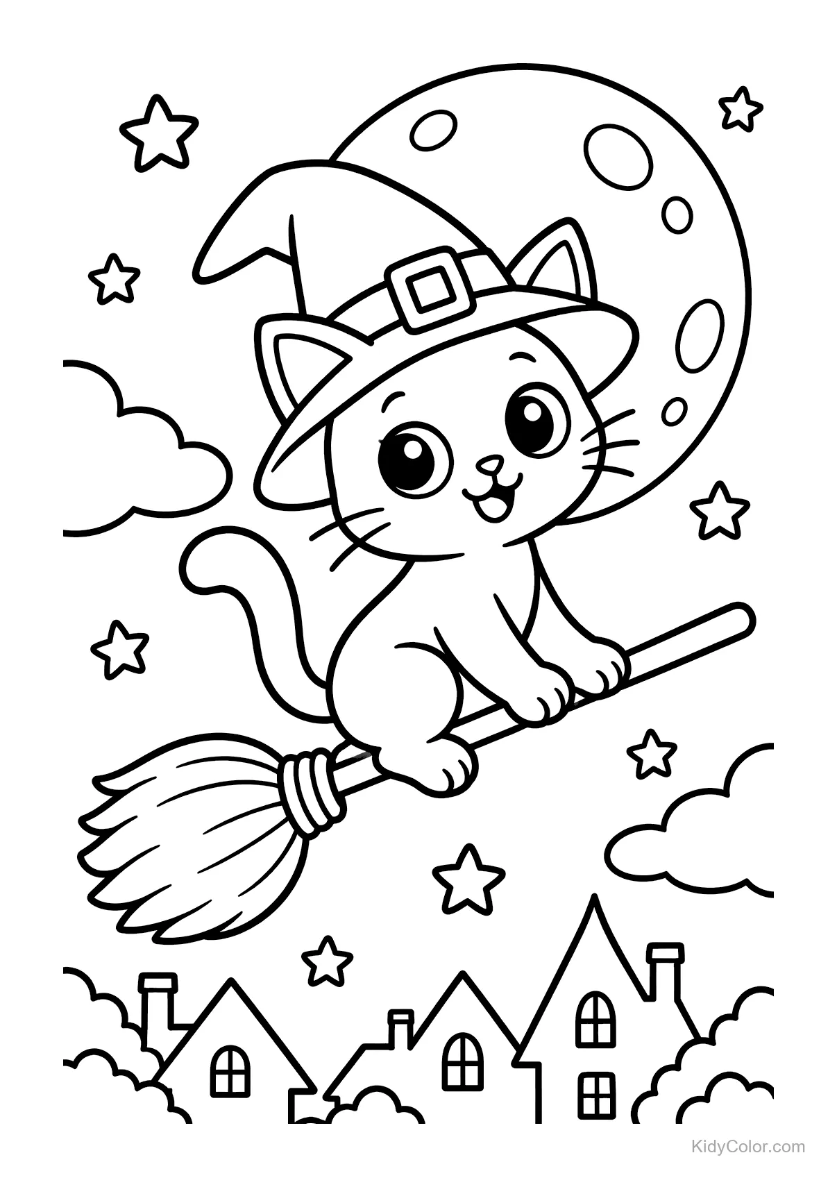 Katze als Hexe verkleidet fliegt auf einem Besen über eine mondbeschienene Stadt.