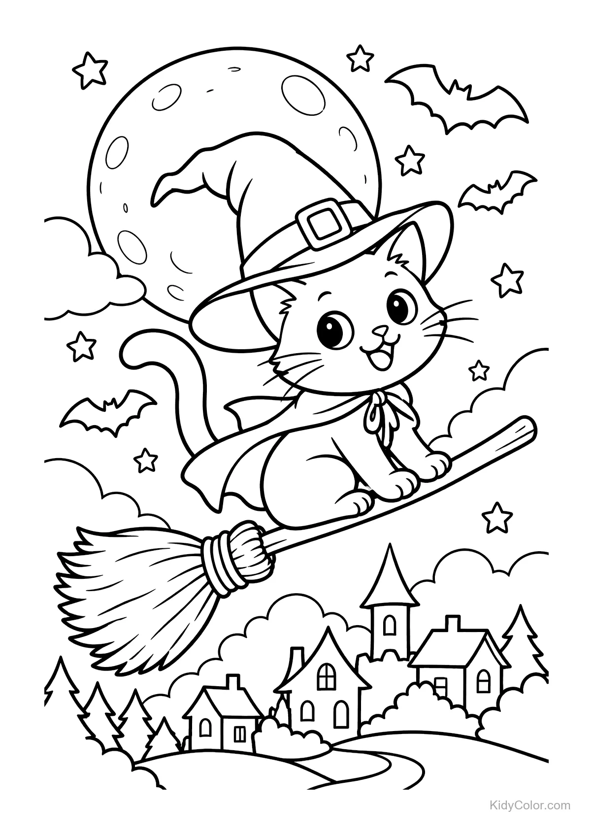 Cat in a witch hat on a broom flying over a village with bats.