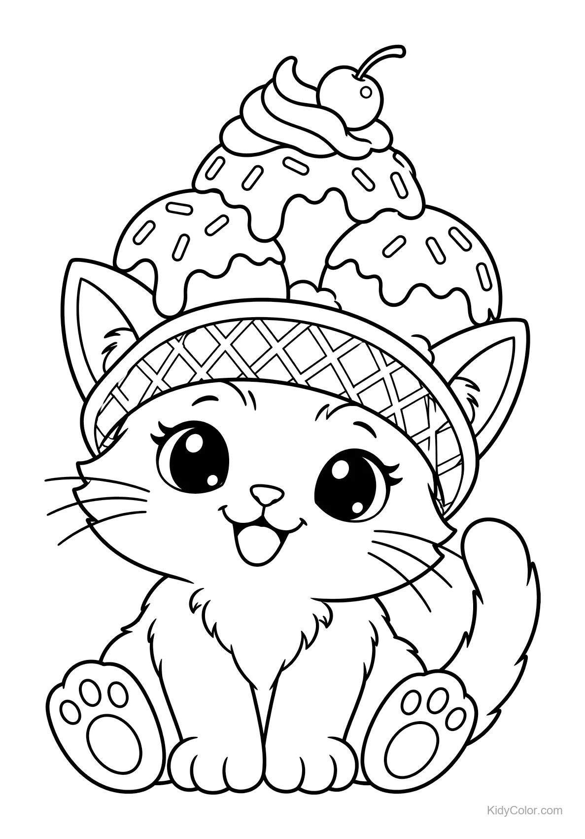 Gato com chapéu de sorvete com bolas e cereja.