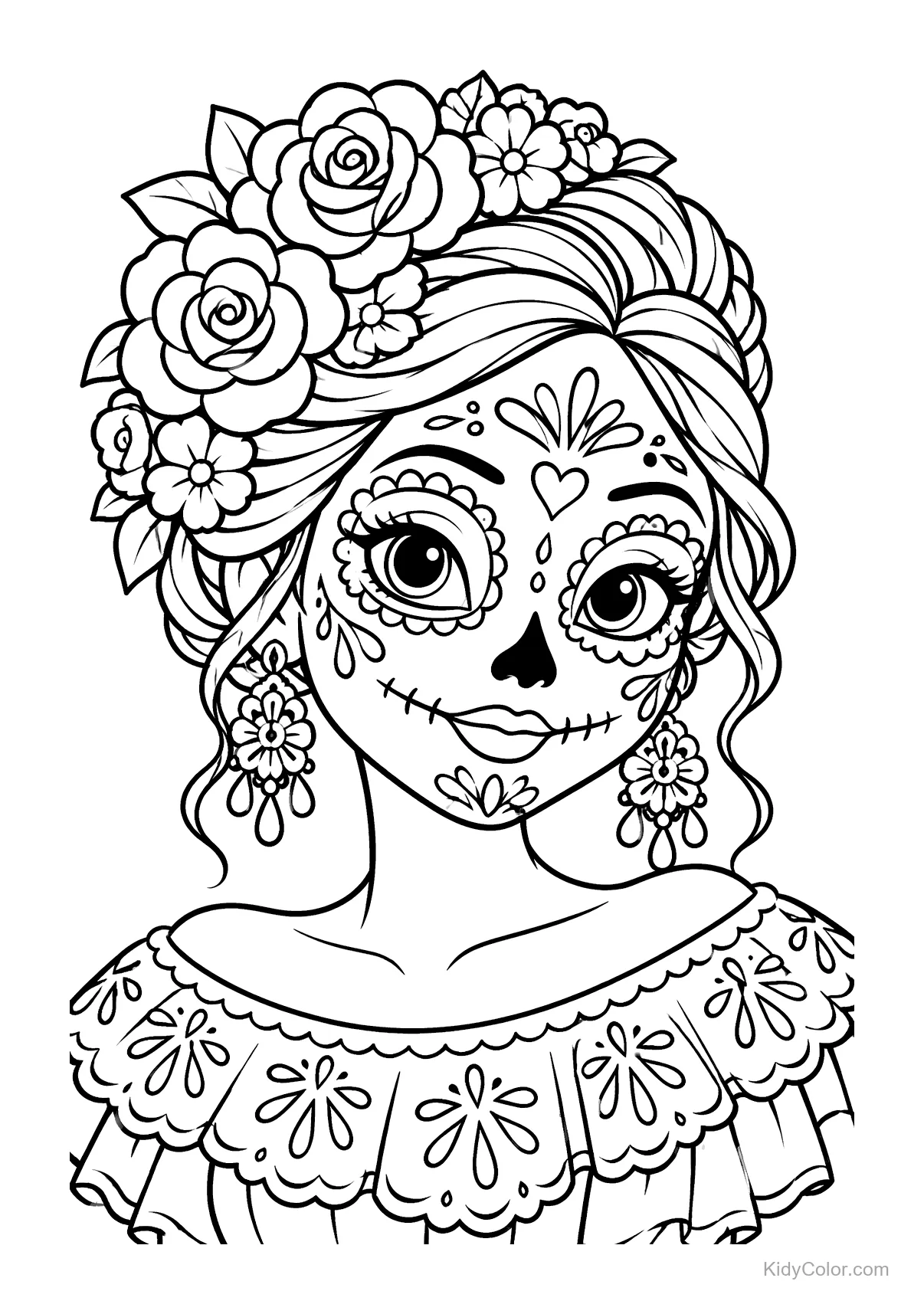 A Catrina with sugar skull face paint and floral headdress.