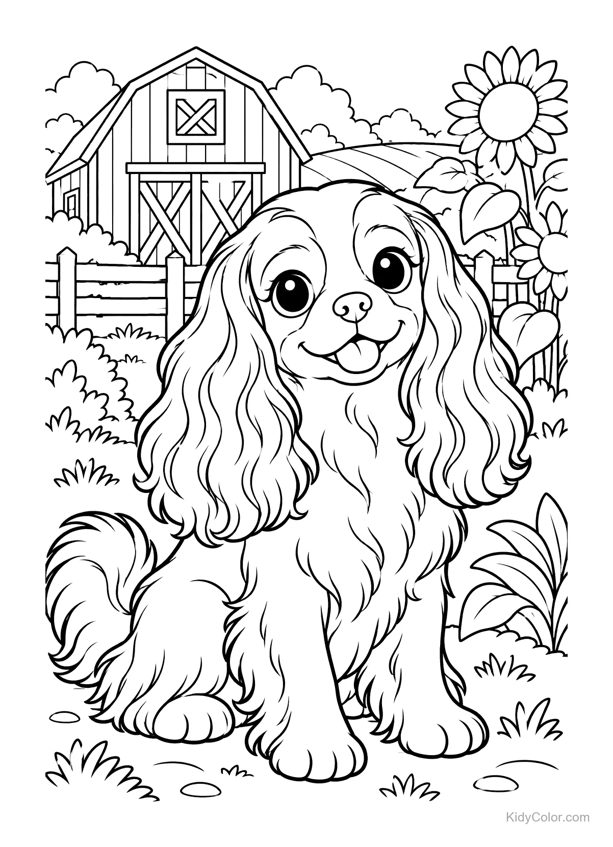 Cavalier King Charles Spaniel sitzt auf einem Bauernhof mit Scheune und Sonnenblumen.