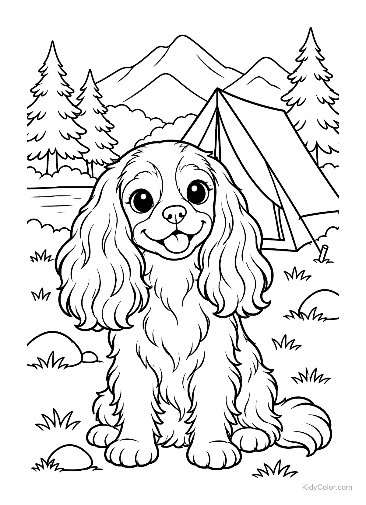 Cavalier King Charles Spaniel assis près d'une tente en montagne.