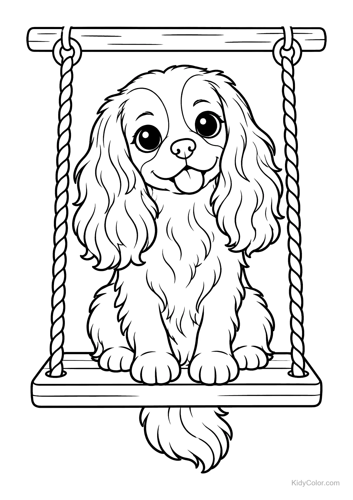 Cavalier King Charles Spaniel puppy zittend op een schommel.
