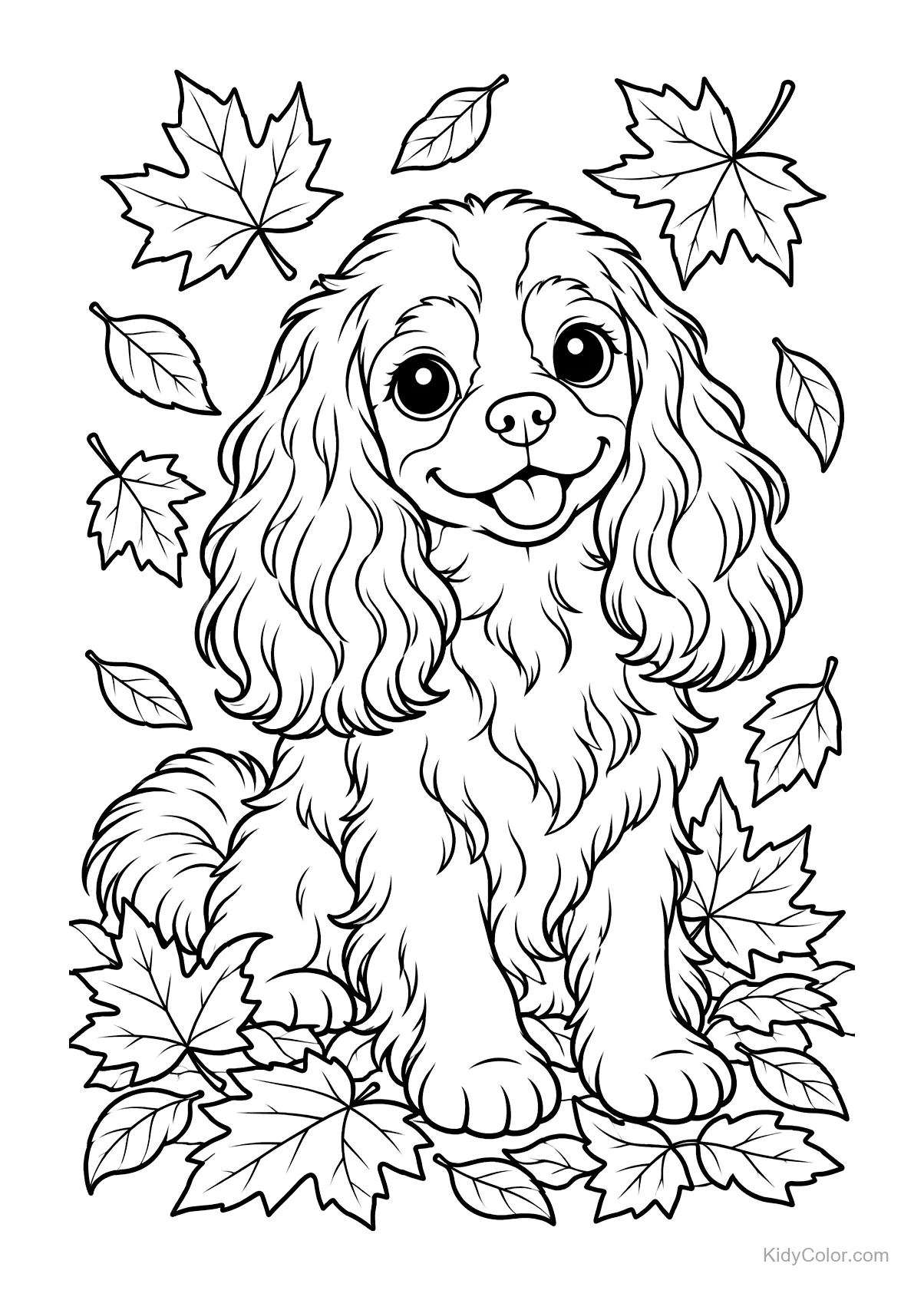 Cavalier King Charles Spaniel zittend tussen herfstbladeren.
