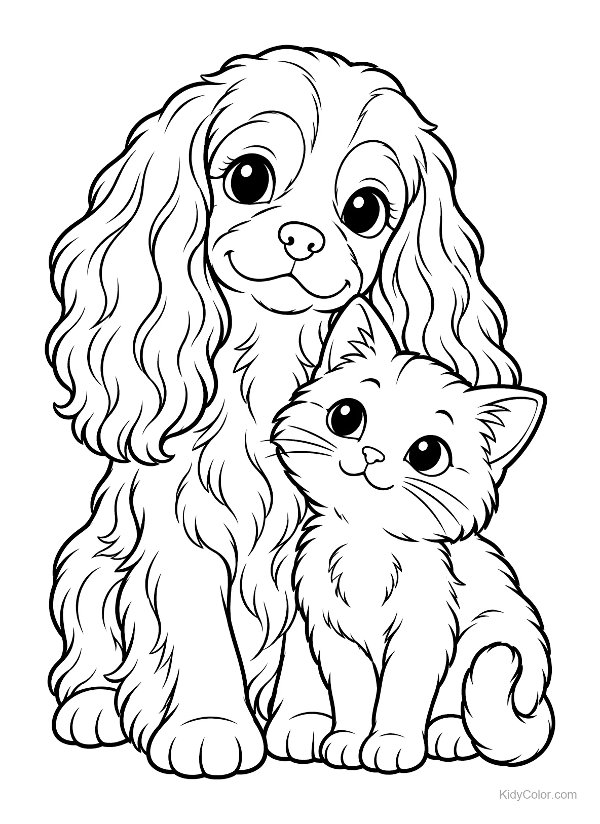 Cavalier King Charles Spaniel and kitten sitting together.