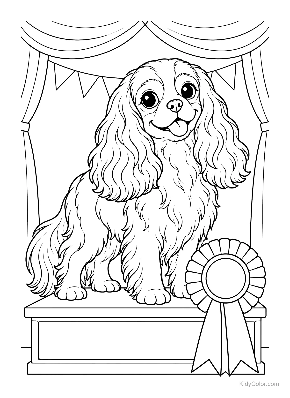 Cavalier King Charles Spaniel mit Siegerband auf einer Hundeshow.