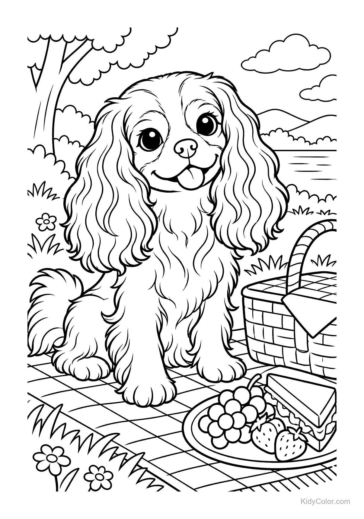 Cavalier King Charles spaniel op een picknickkleed met manden.