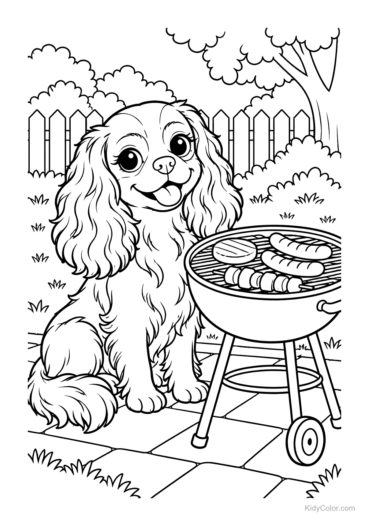 Cavalier King Charles Spaniel sitzt neben einem Grill mit Essen im Garten.