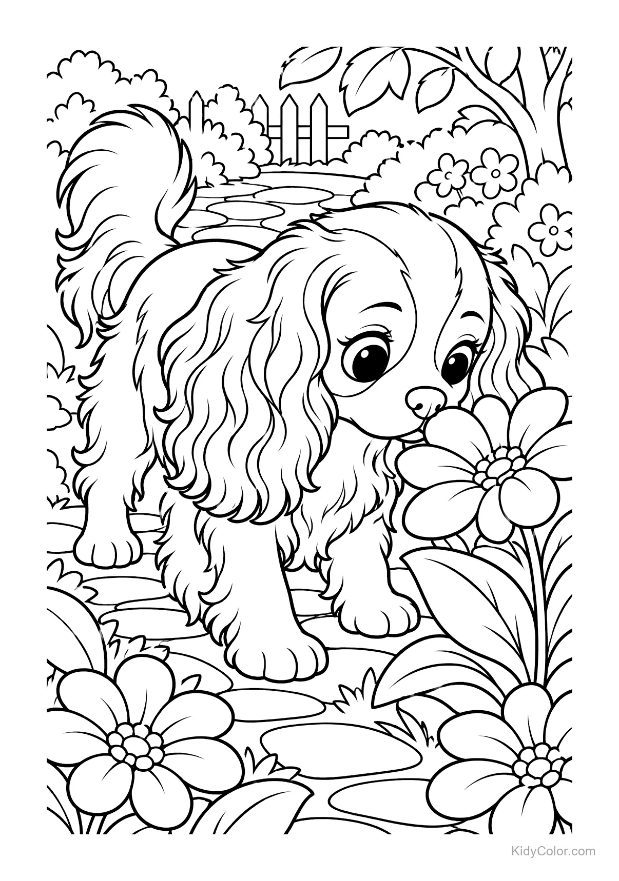Cavalier King Charles Spaniel sniffing flowers in a garden.