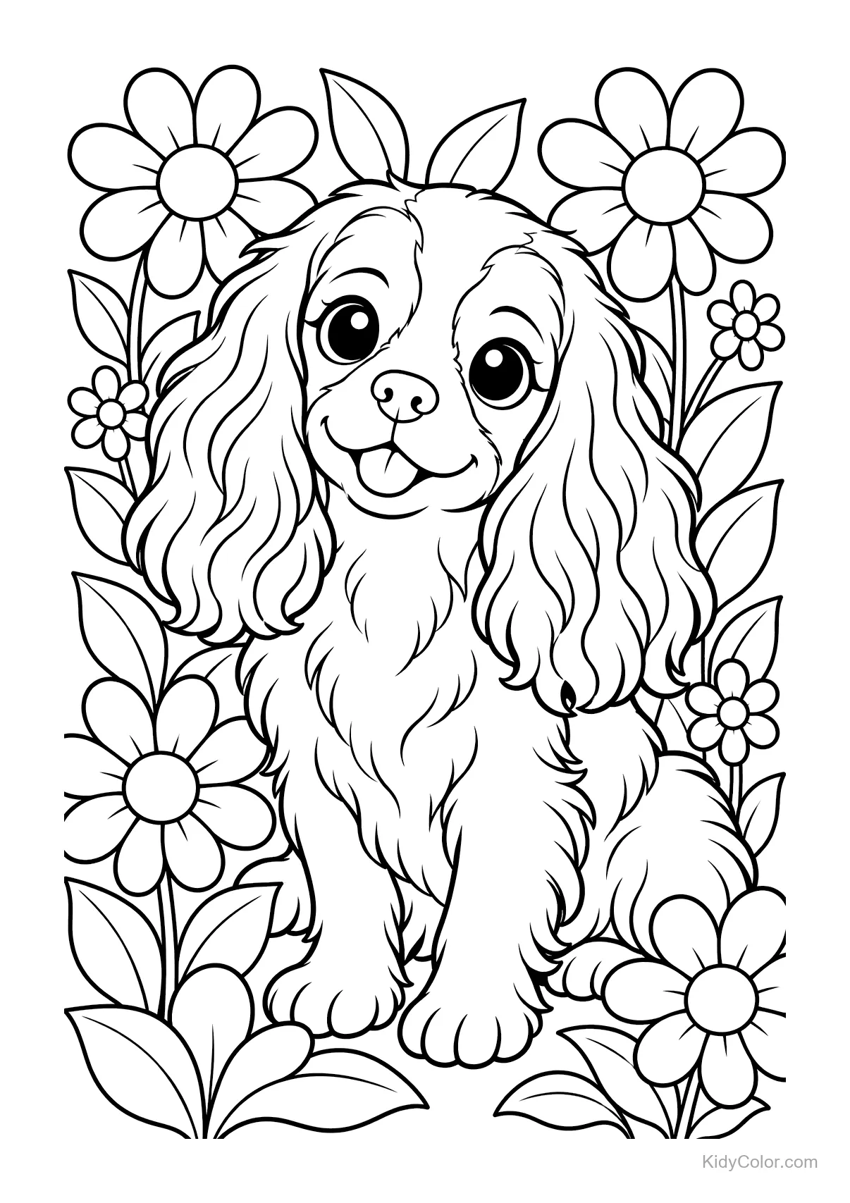 Cavalier King Charles Spaniel sitting in a flower garden.