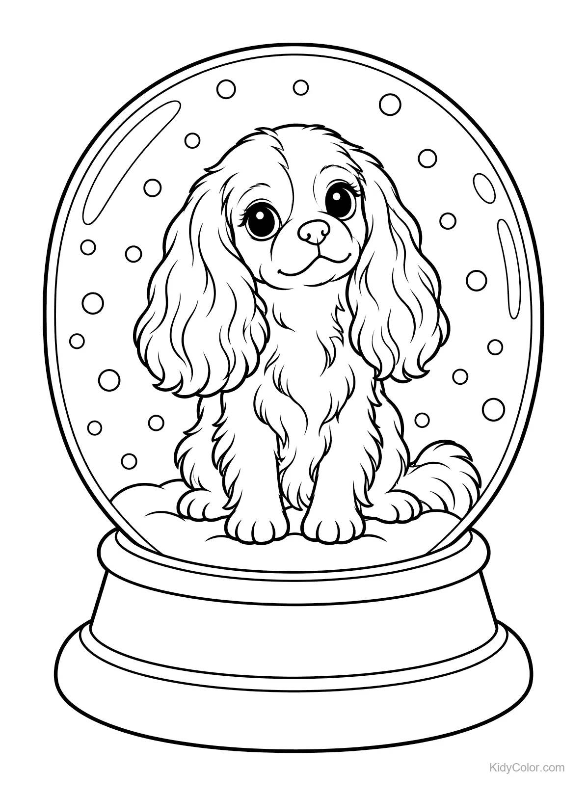 Cavalier King Charles Spaniel sitting inside a snowglobe.