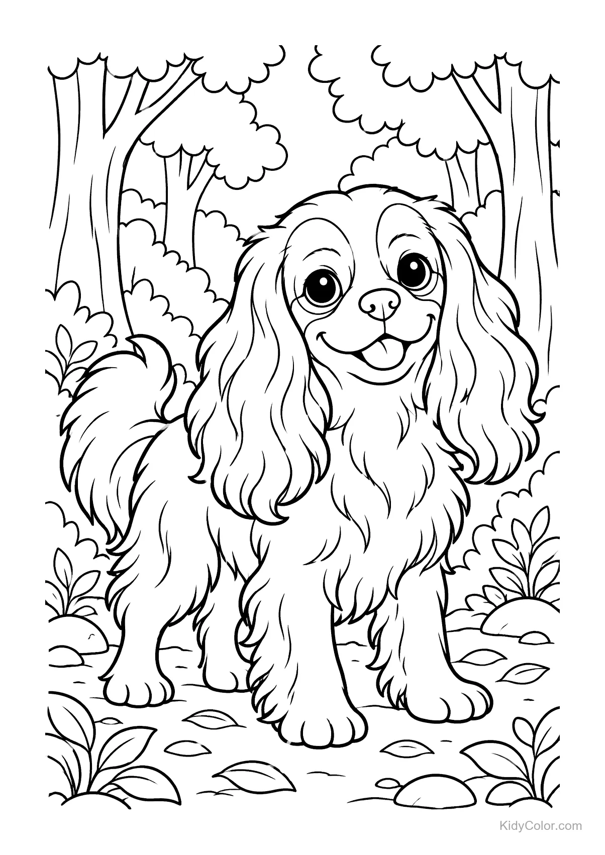 Cavalier King Charles Spaniel die in een bos staat.