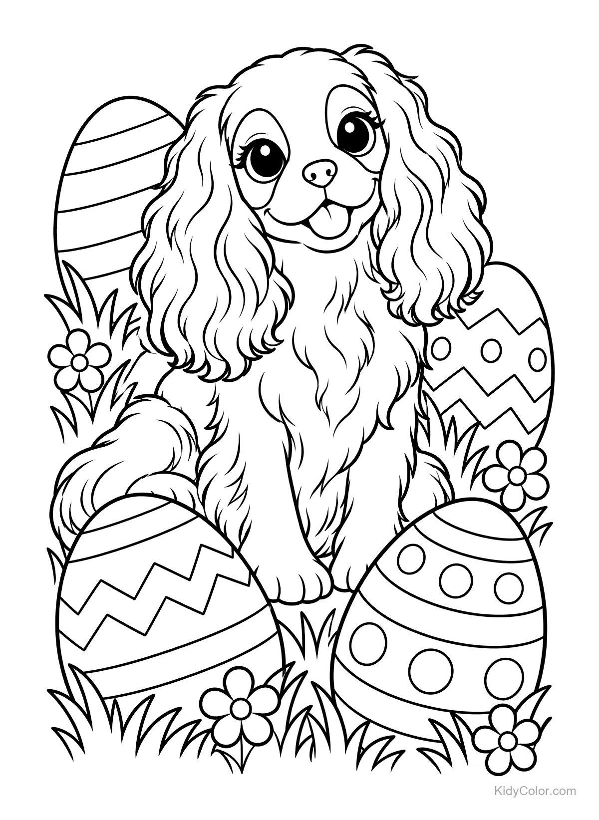 Cavalier King Charles Spaniel sitzt zwischen Ostereiern und Blumen.
