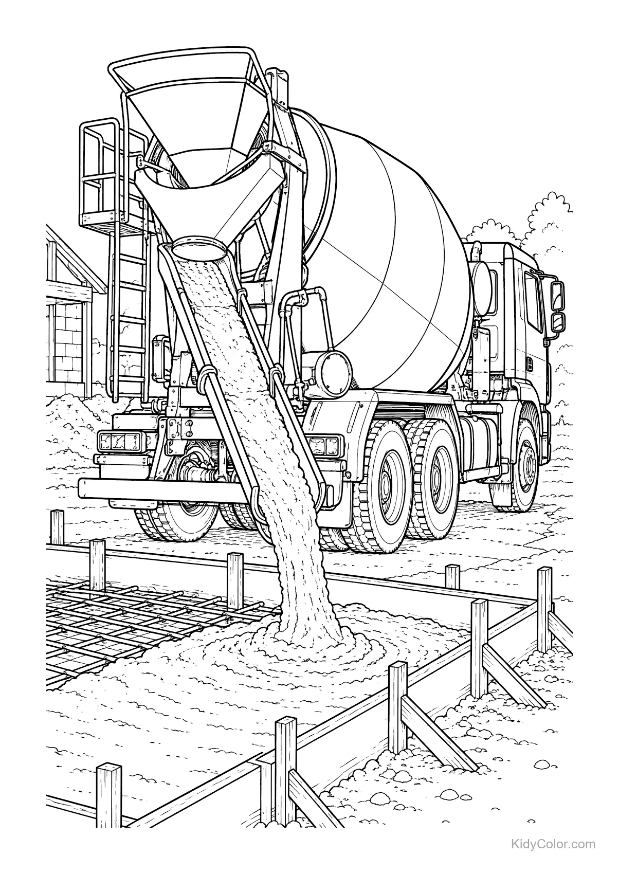 Cement mixer truck pouring concrete at a construction site.