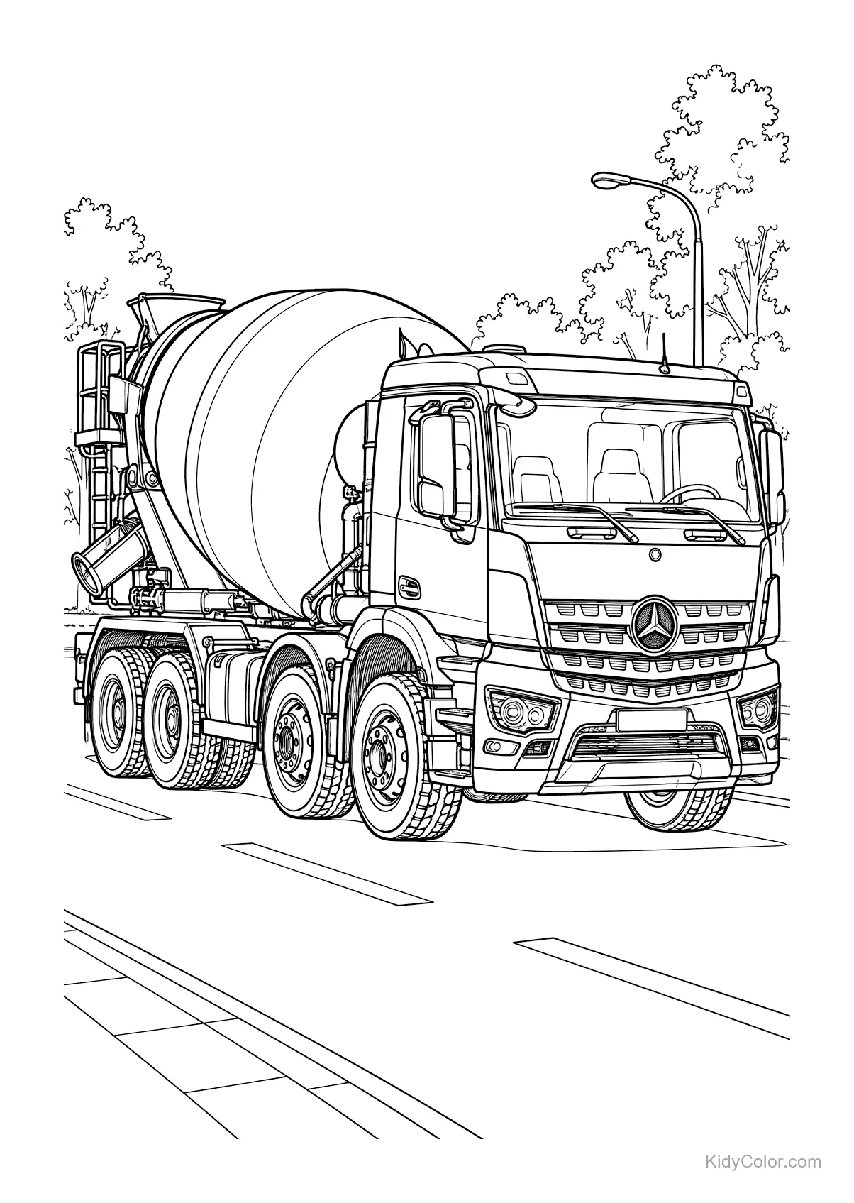 A detailed cement mixer truck driving on a road with trees around.
