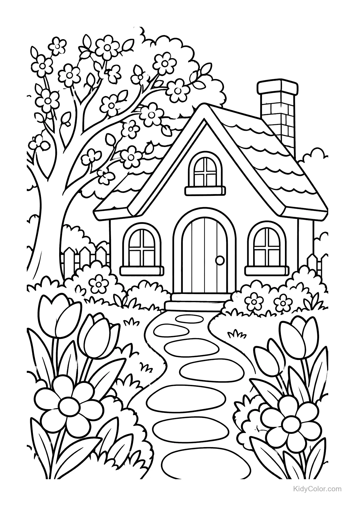 Chaumière avec un chemin de jardin, des fleurs et des arbres.