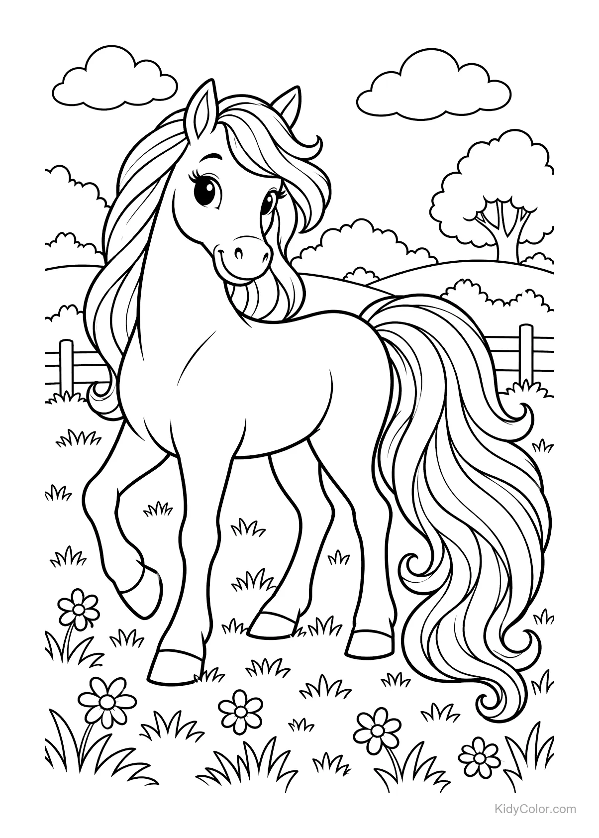 Cheval avec une longue crinière dans un pré fleuri.