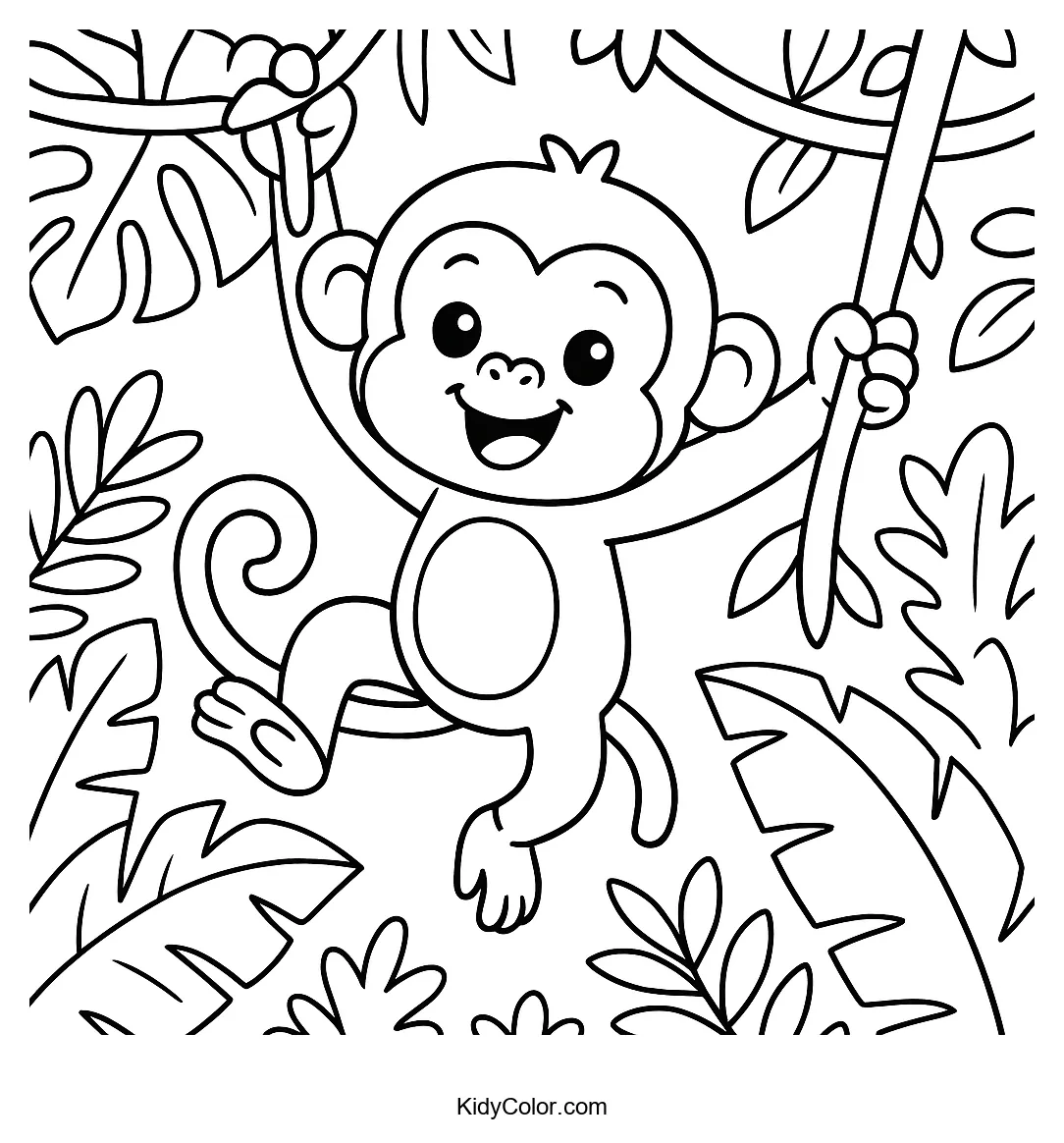 Cheeky monkey in jungle swinging from vines