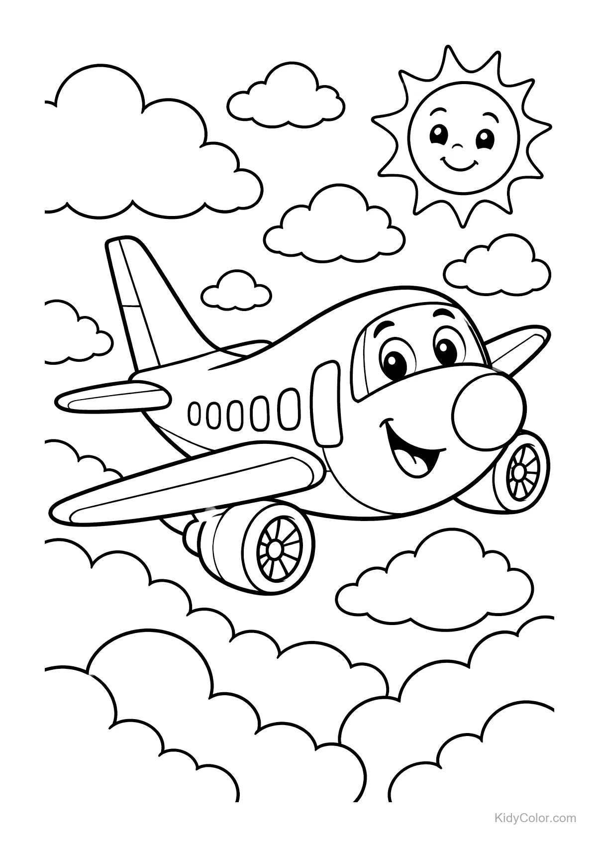 Cheerful airplane flying among clouds with a smiling sun.