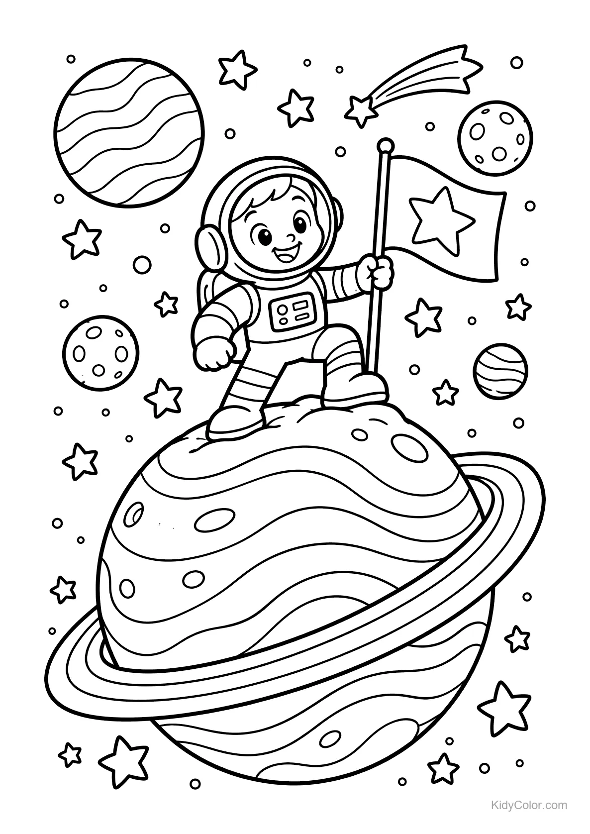 Astronaut holding a flag on a ringed planet with stars and planets around.