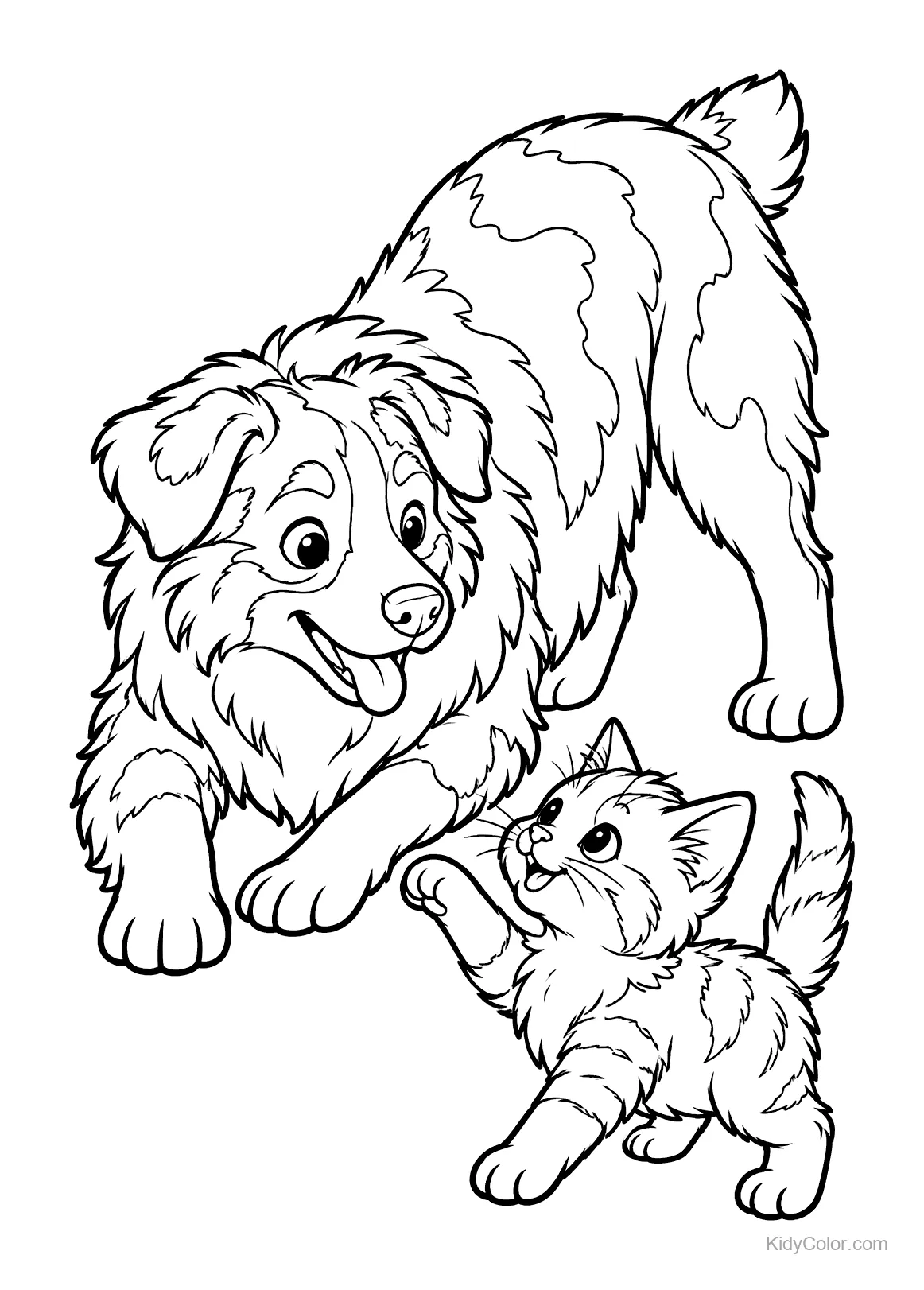 Berger australien et chaton jouant, style cartoon et joyeux.