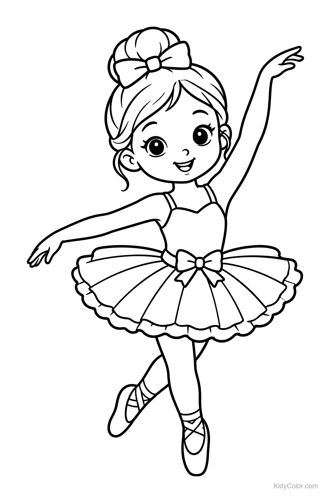 A cheerful ballerina poses in a tutu and bow.