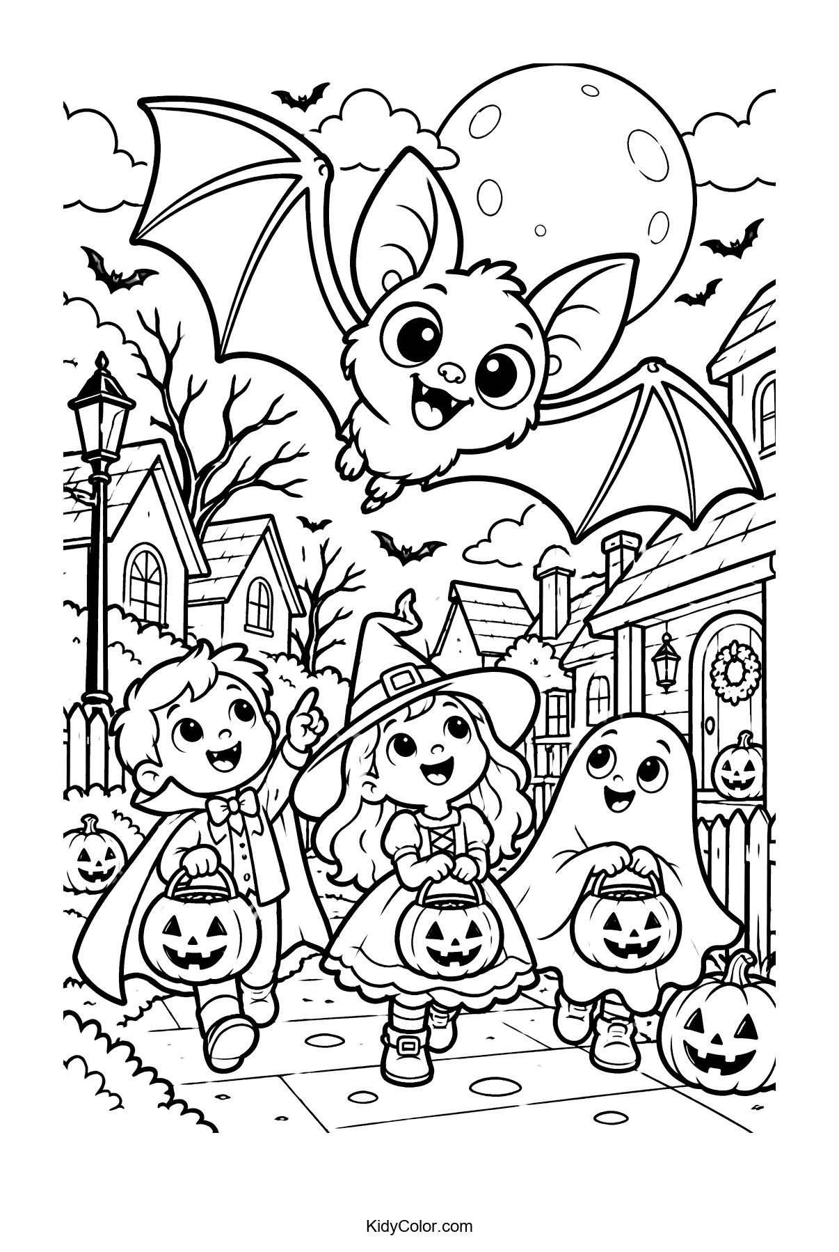 A cheerful bat flies over children in Halloween costumes.