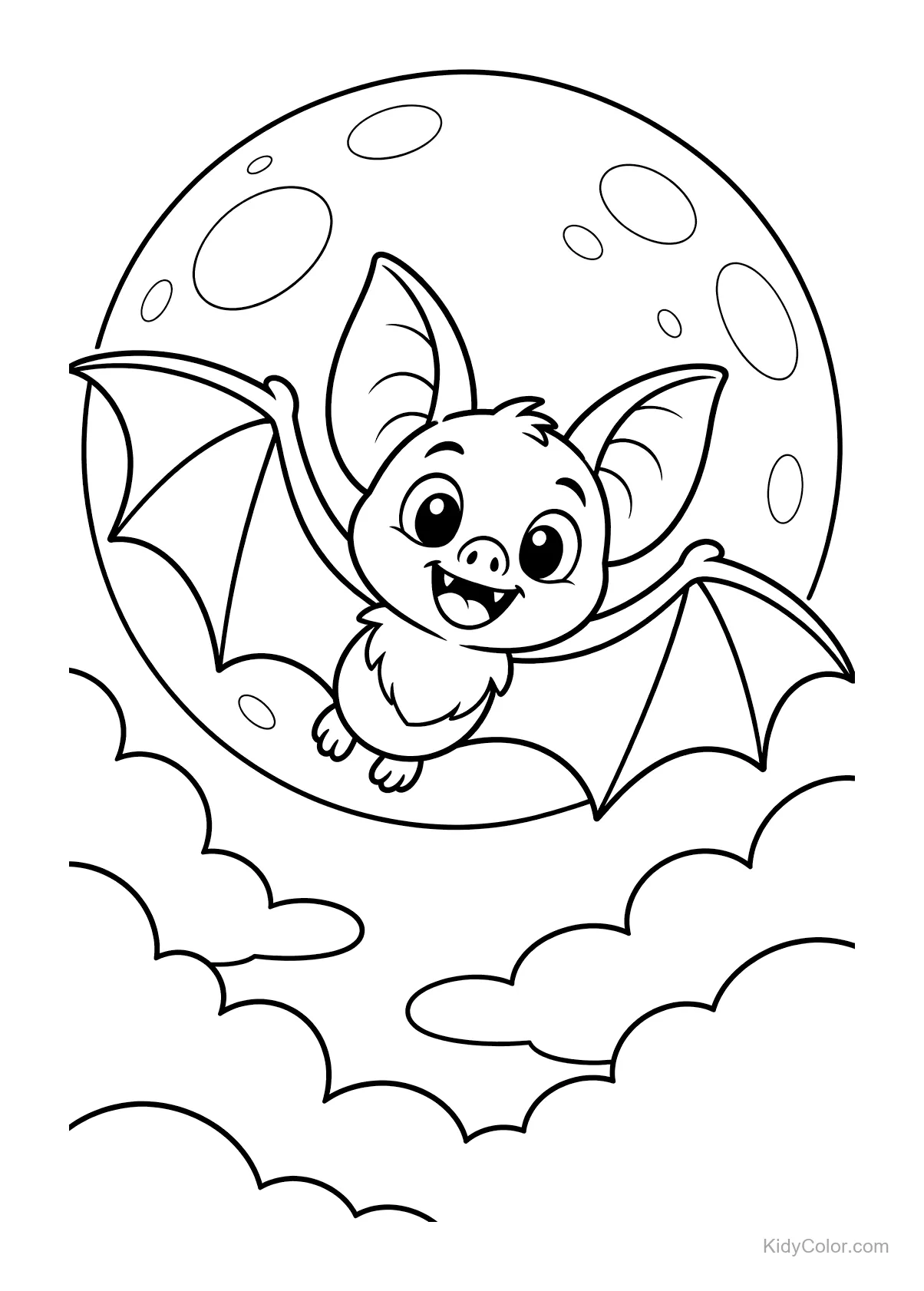 Cheerful bat flying across the full moon with clouds below.