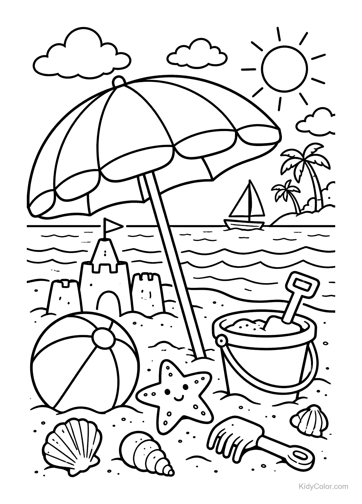 Beach scene with sandcastle, umbrella, beachball, and seashells.