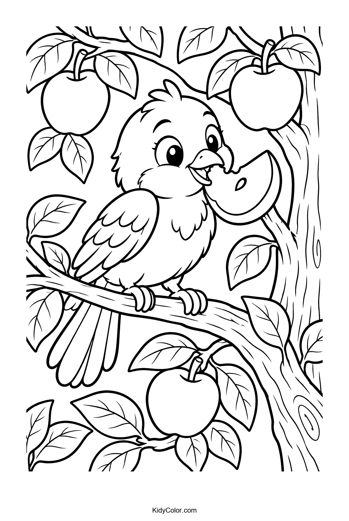 A cheerful bird nibbling an apple while perched in a tree.