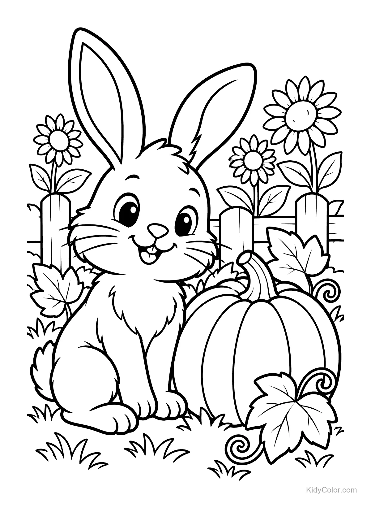A cheerful bunny with a pumpkin in a garden of sunflowers.