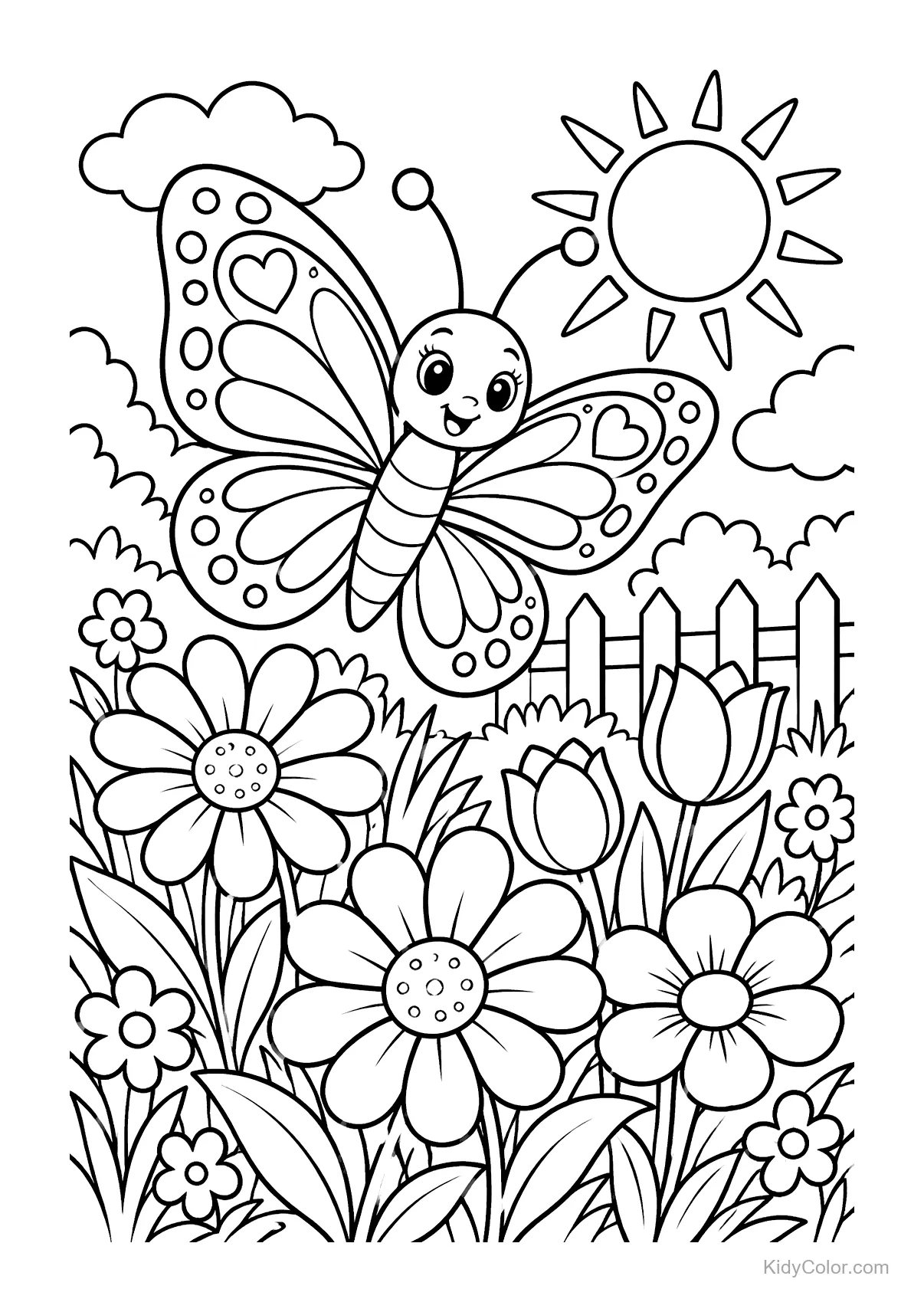 A cheerful butterfly over flowers in a sunny garden with a fence.
