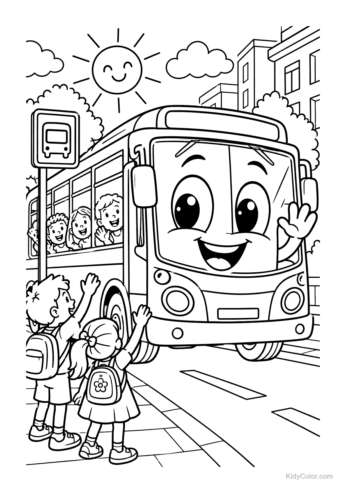 Cheerful cartoon bus with a smiling face and children waving.
