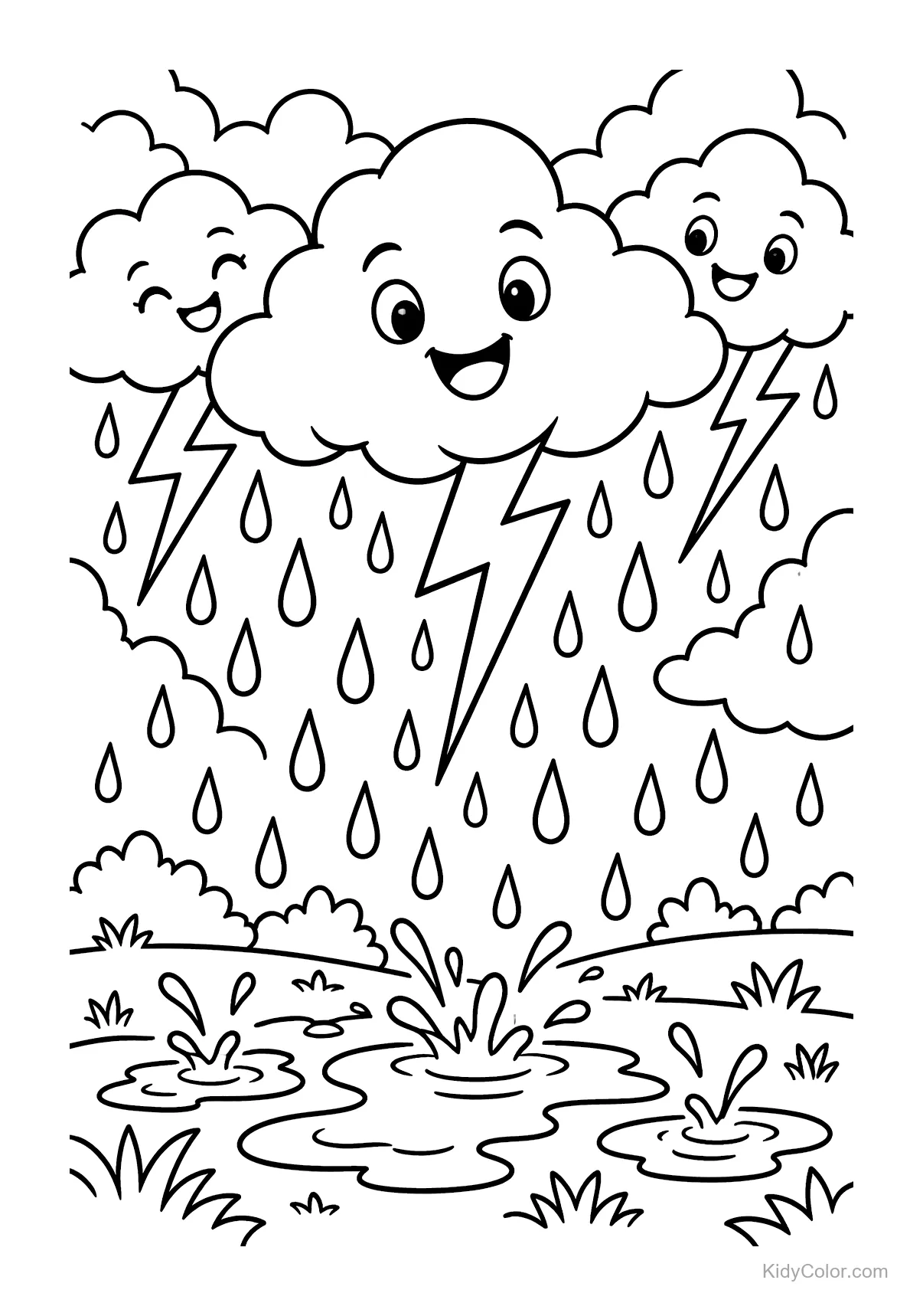 Cheerful clouds with smiling faces, lightning bolts, and raindrops in a stormy scene.