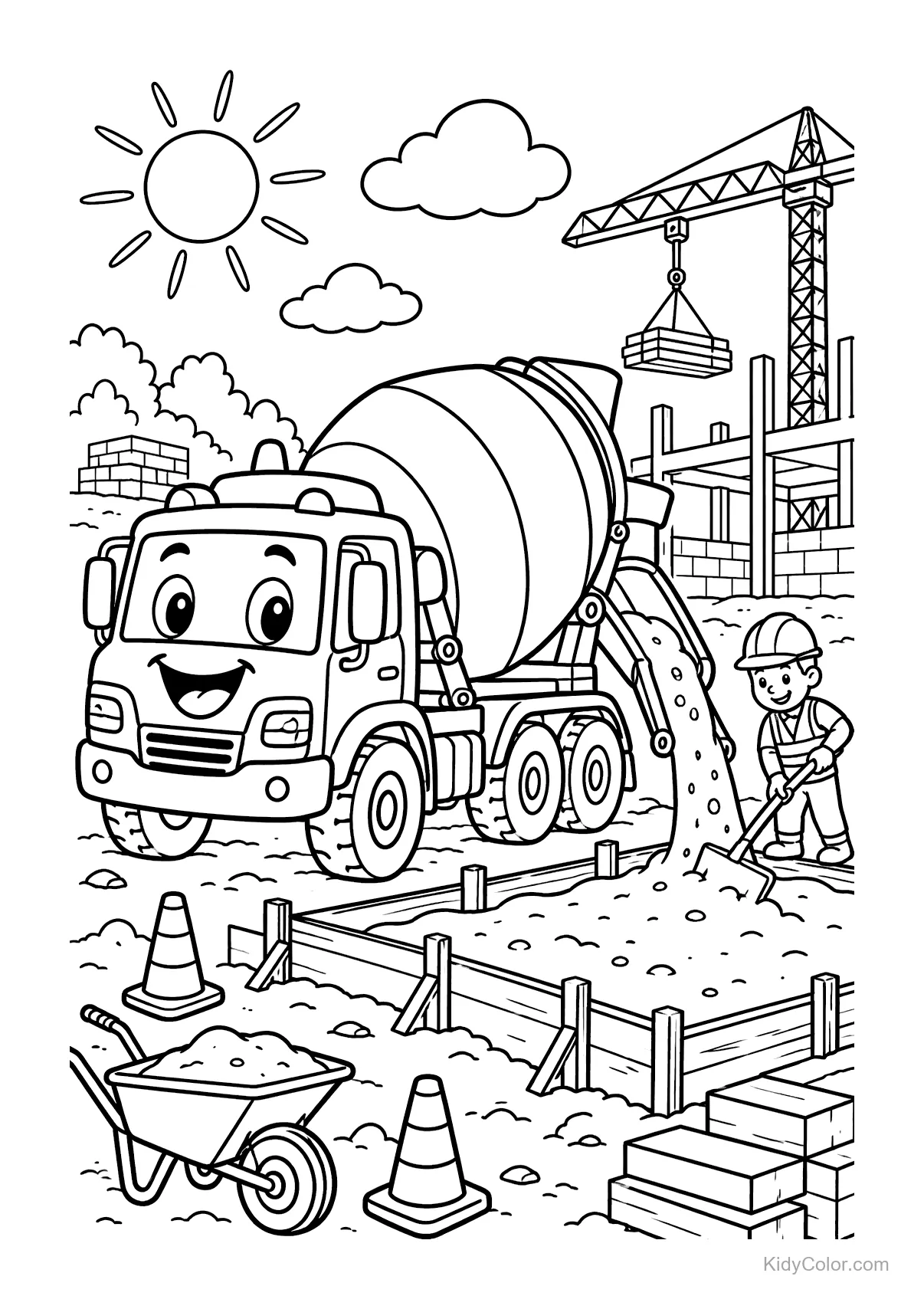 A smiling cement mixer at a construction site with worker and crane.