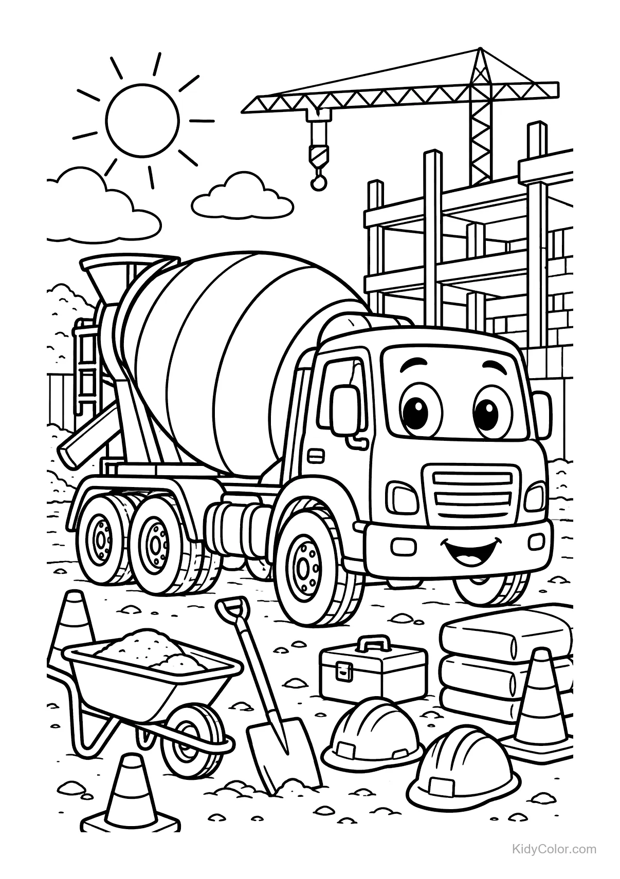 Cheerful cement mixer and tools at a construction site with a building.
