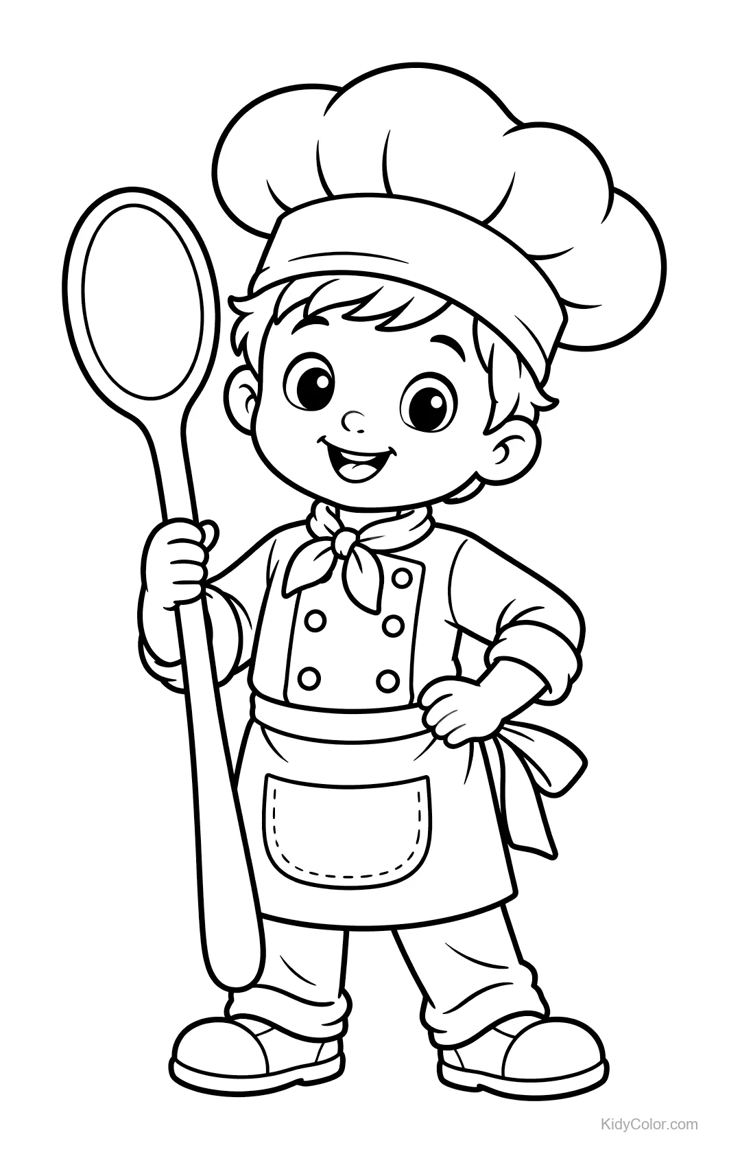 Child dressed as a chef holding a giant spoon in a playful pose.