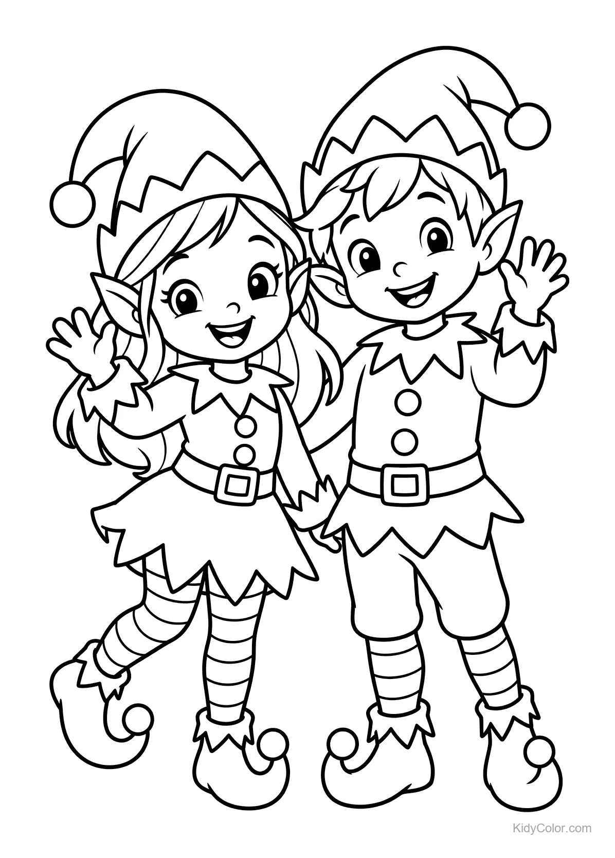Two cheerful Christmas elves waving with festive outfits.