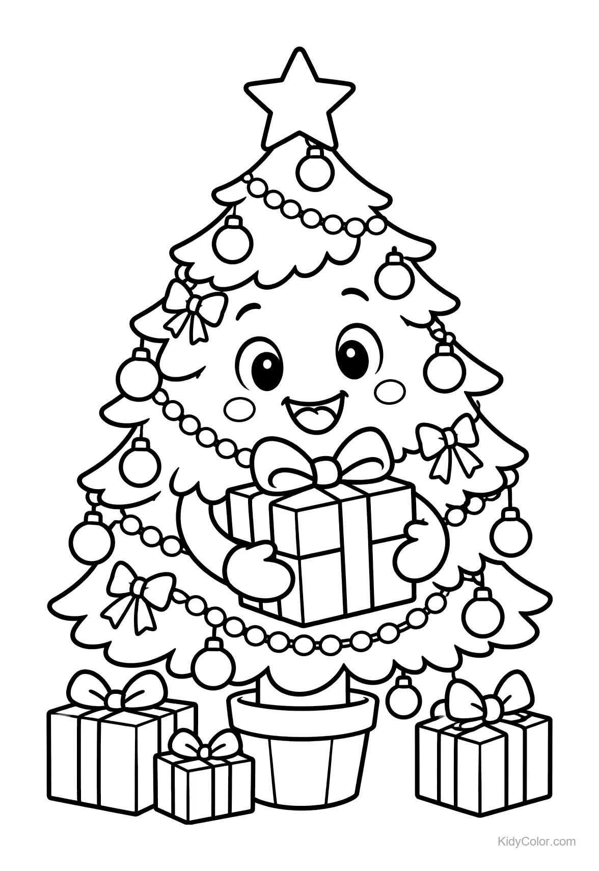 Fröhlicher Weihnachtsbaum mit Schmuck und Geschenken.