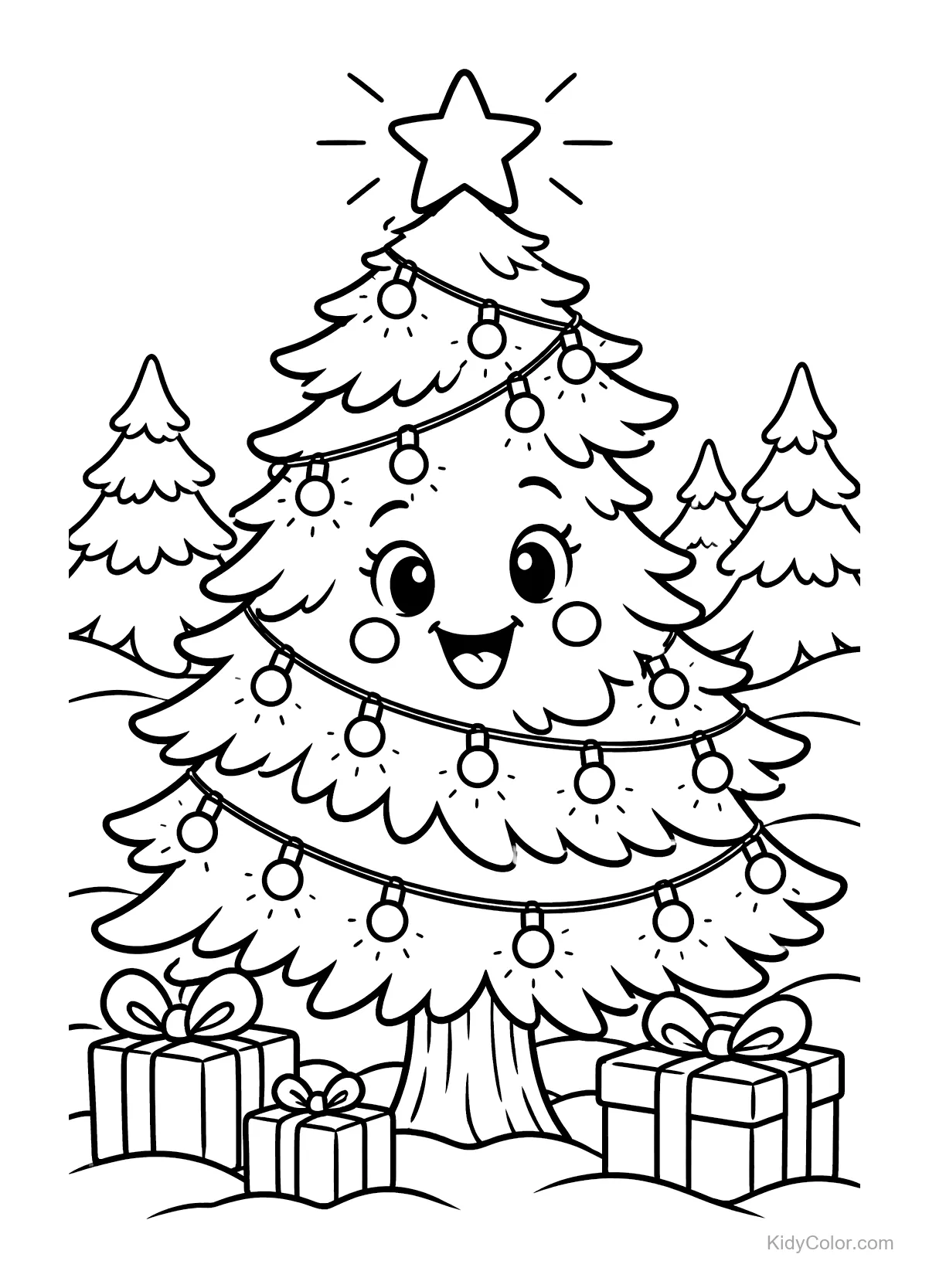 Cheerful Christmas tree with a star and gifts in a snowy scene.