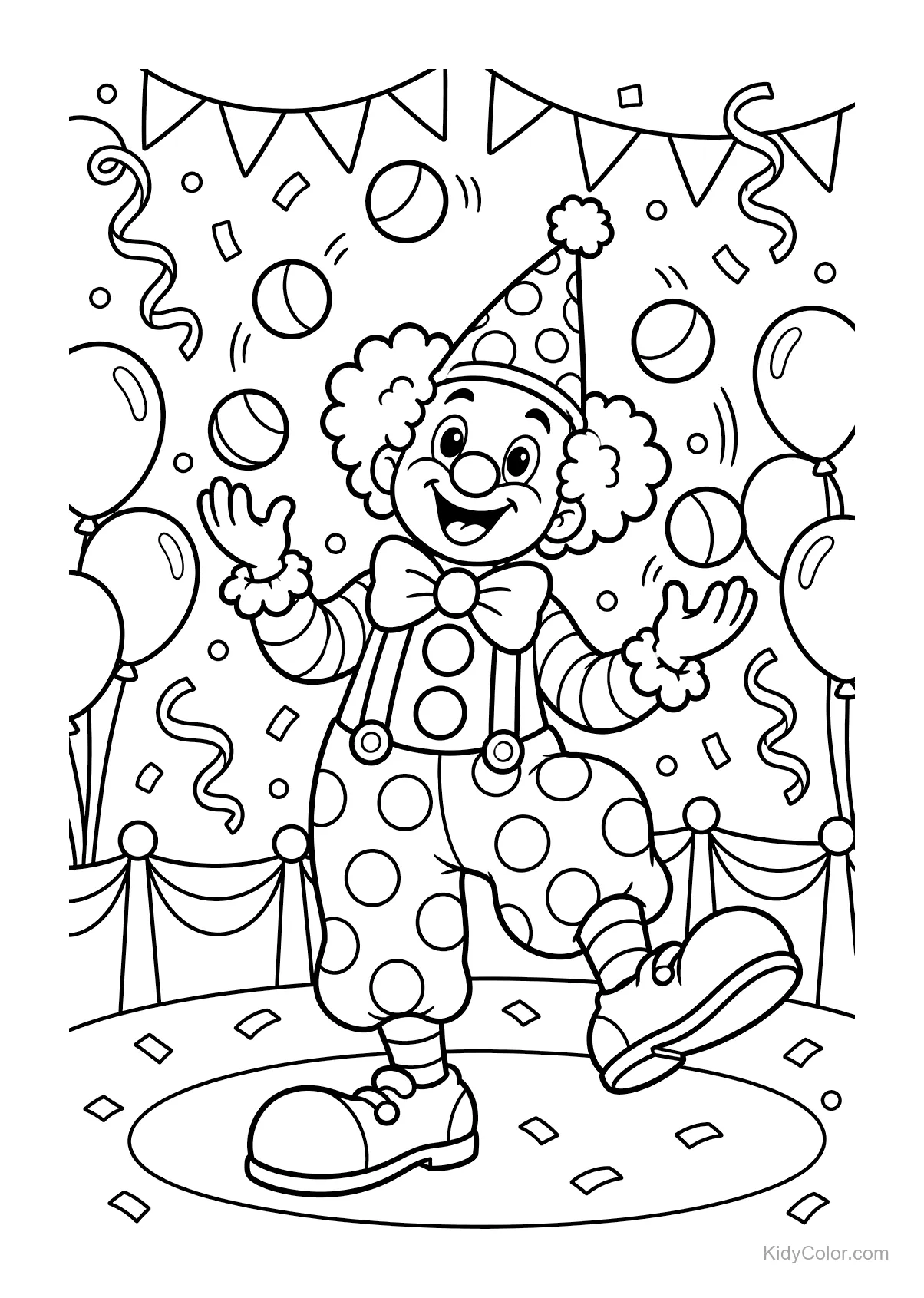 Cheerful clown juggling balls at a circus party with balloons.