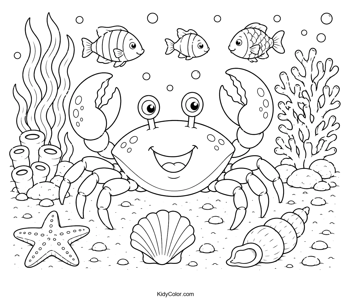 Cheerful crab surrounded by fish and coral in an underwater reef.