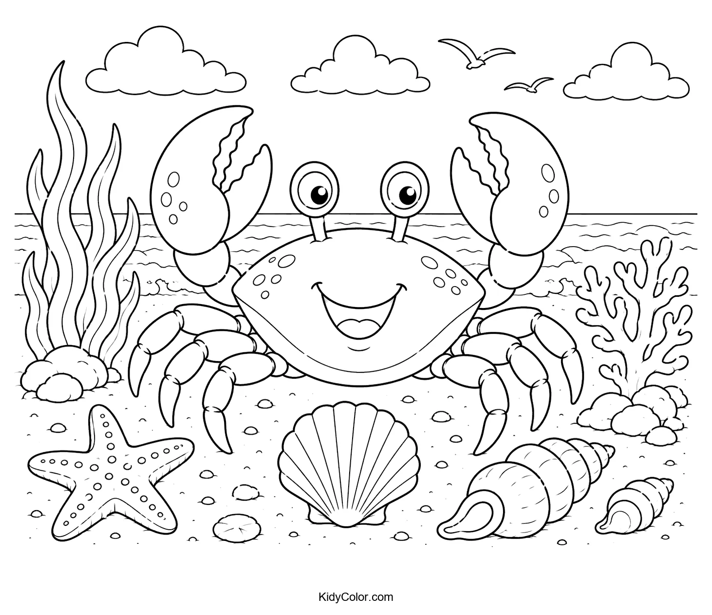 A cheerful crab with raised claws on a beach with shells and sea life.