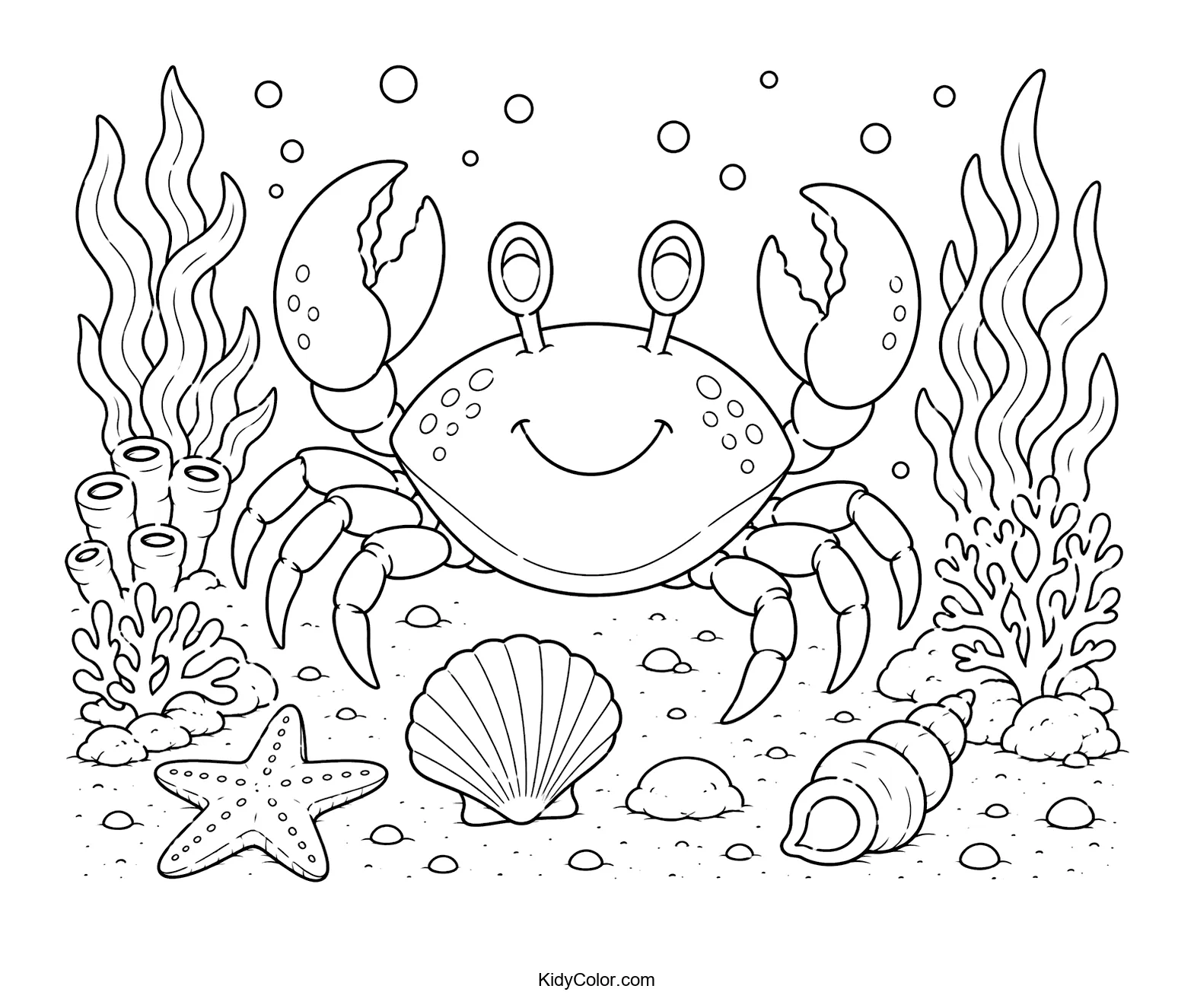A happy crab surrounded by seaweed, starfish, and shells underwater.
