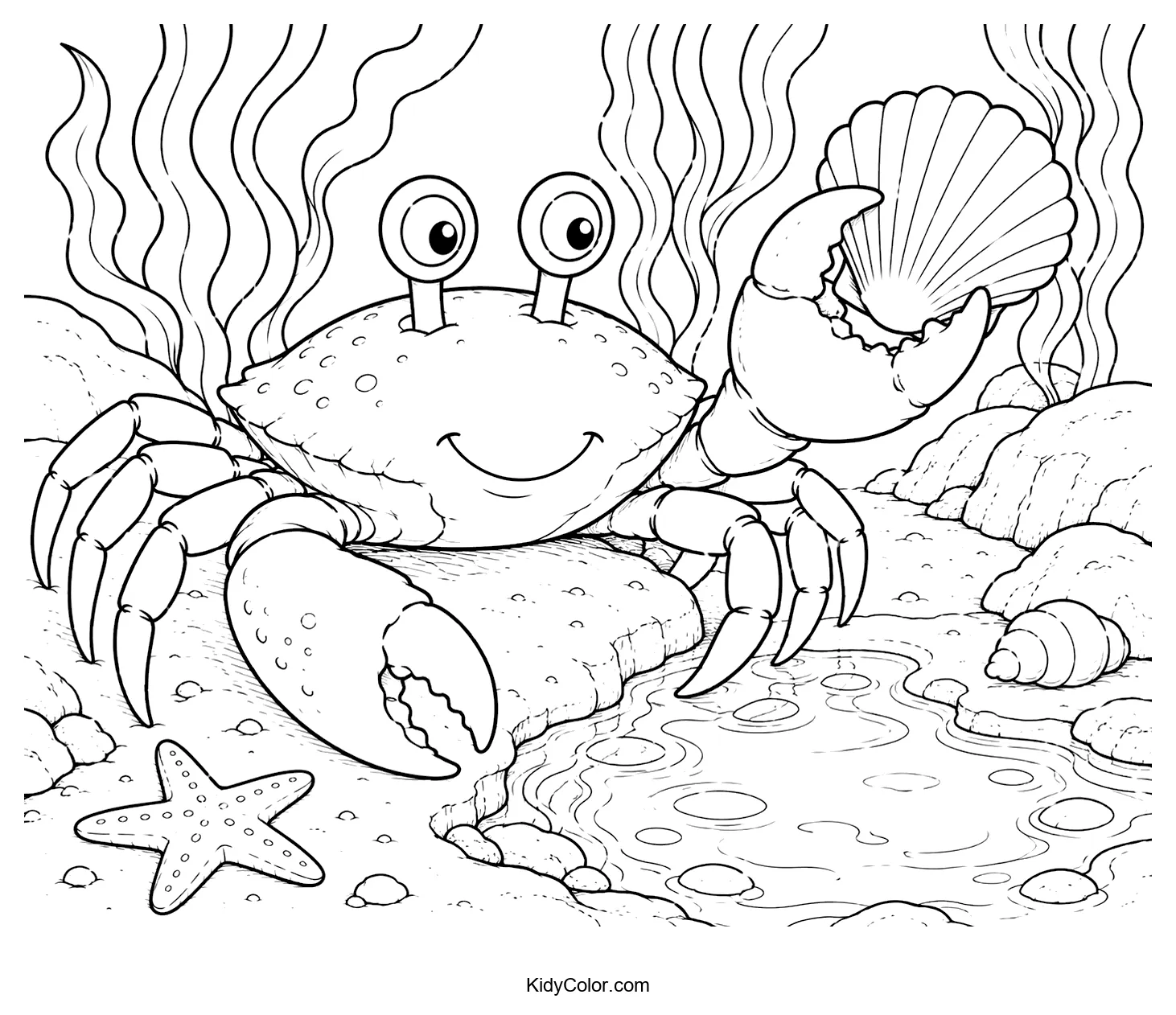 Cheerful crab in a tidepool, holding a seashell with a starfish nearby.